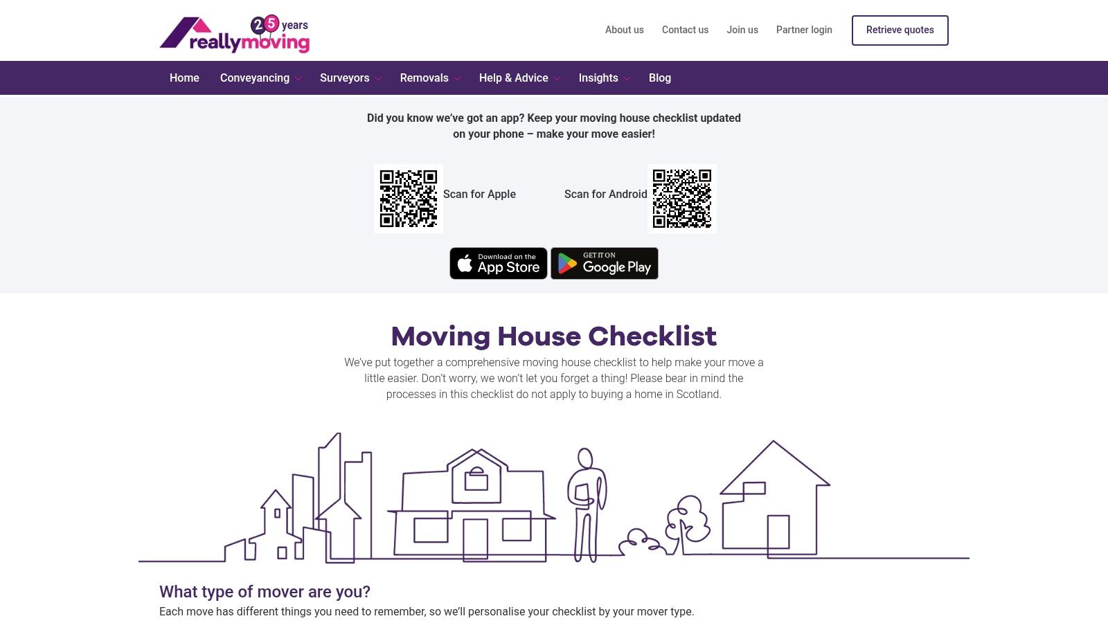 The reallymoving website page showcasing their moving house checklist and related moving services.