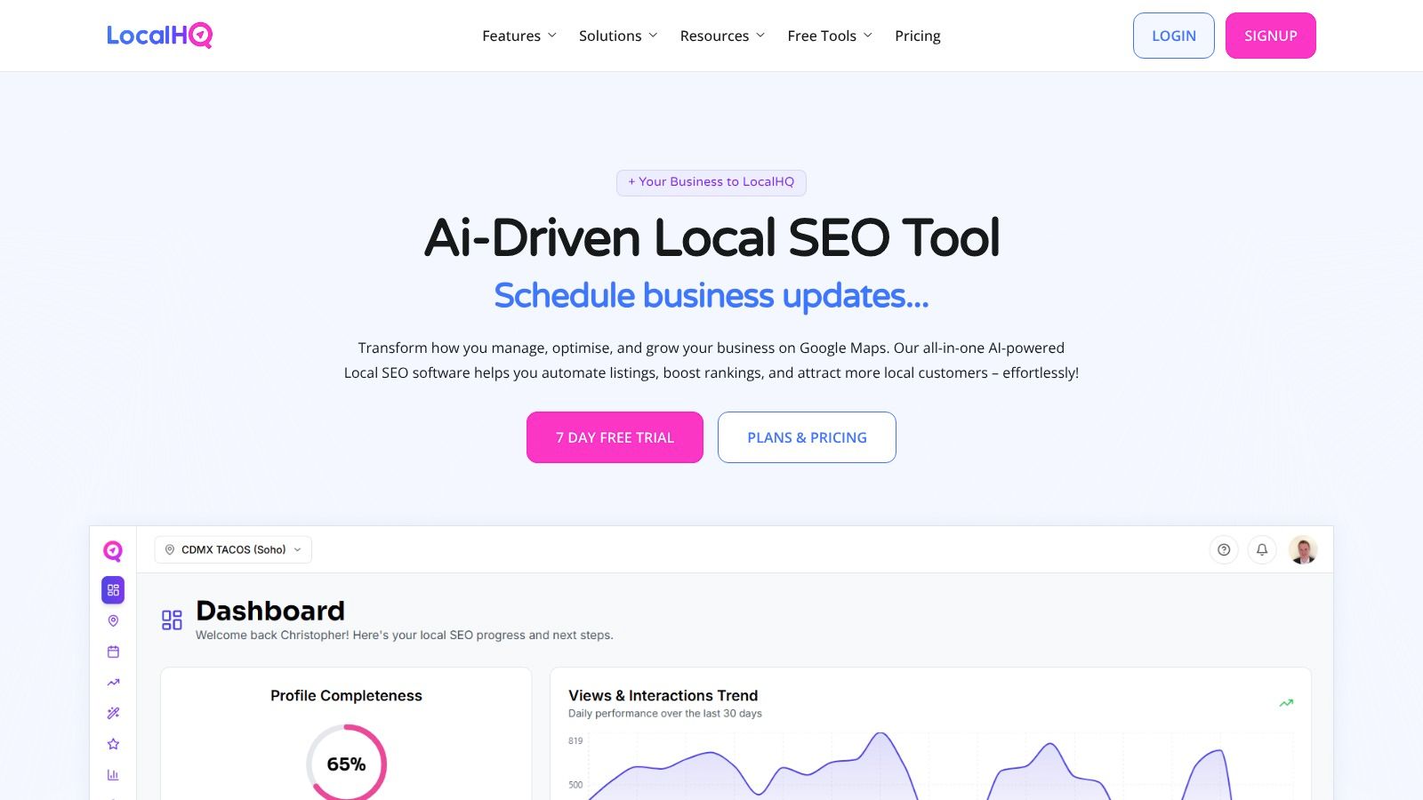 A dashboard view of the LocalHQ platform showing local SEO analytics and performance metrics.