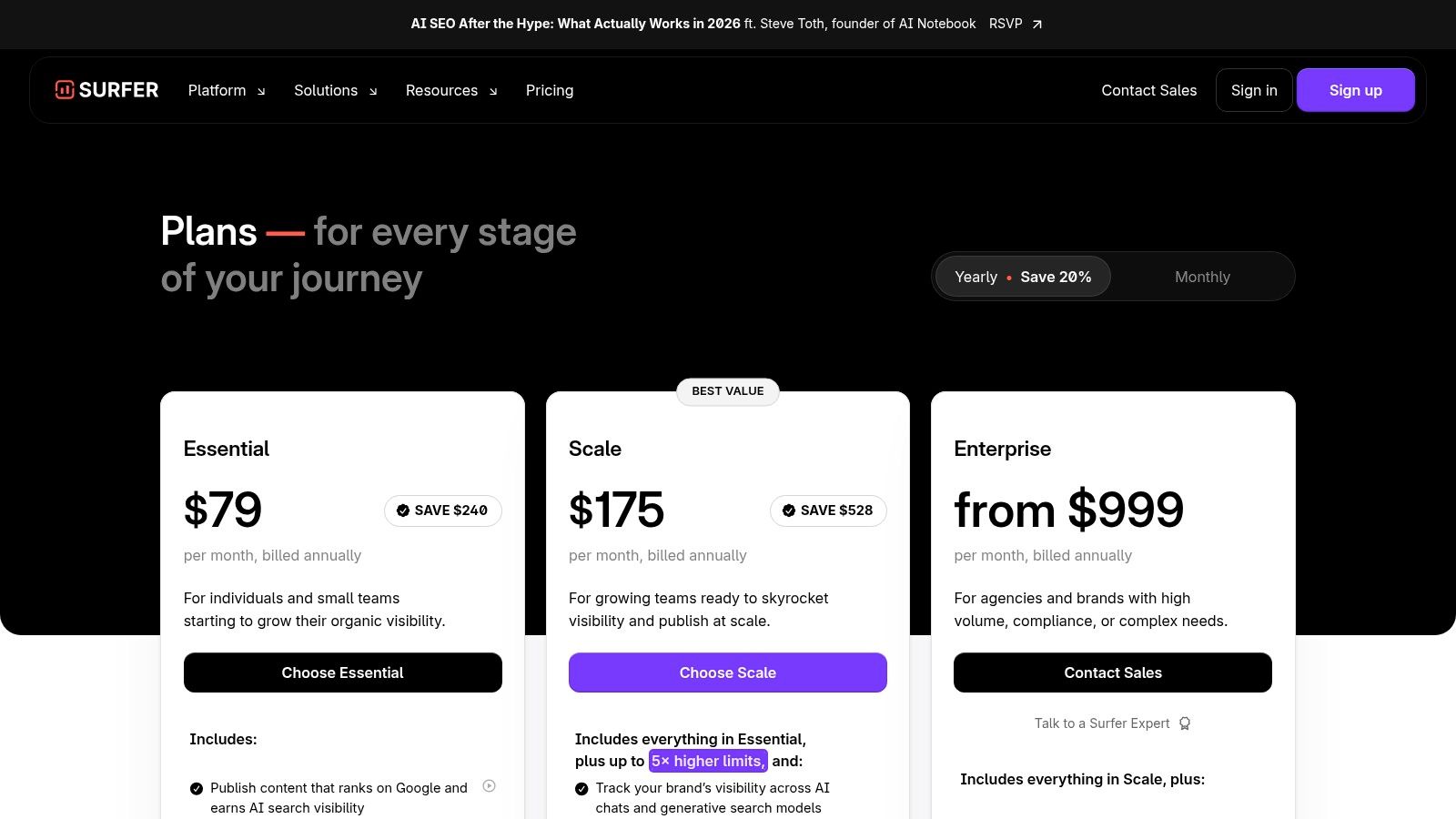 Surfer pricing tiers for SEO tools