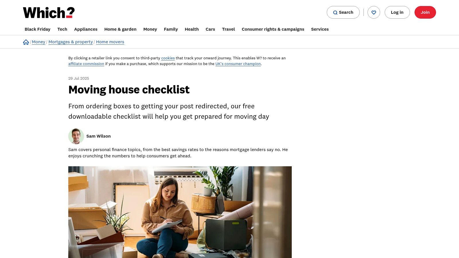 Which? moving house checklist website page showing a downloadable PDF link.