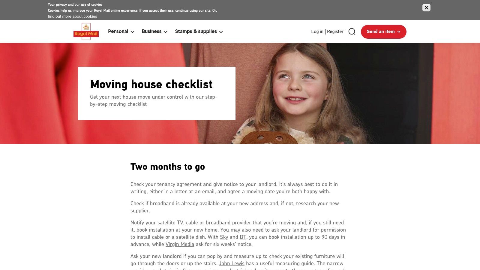 Royal Mail moving checklist website page showing a timeline of tasks.