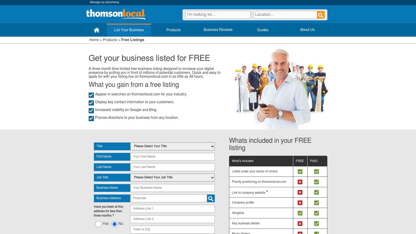 The homepage of the Thomson Local website, displaying its search functionality and branding.