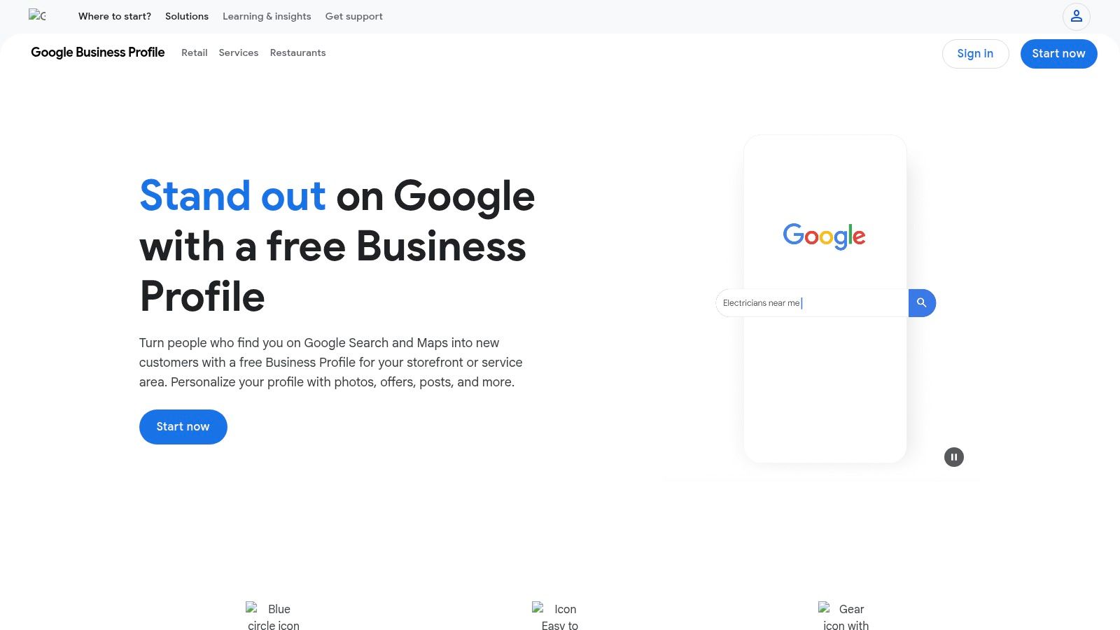 A person using Google Search on a mobile phone to find a local business, showcasing the Google Business Profile interface.