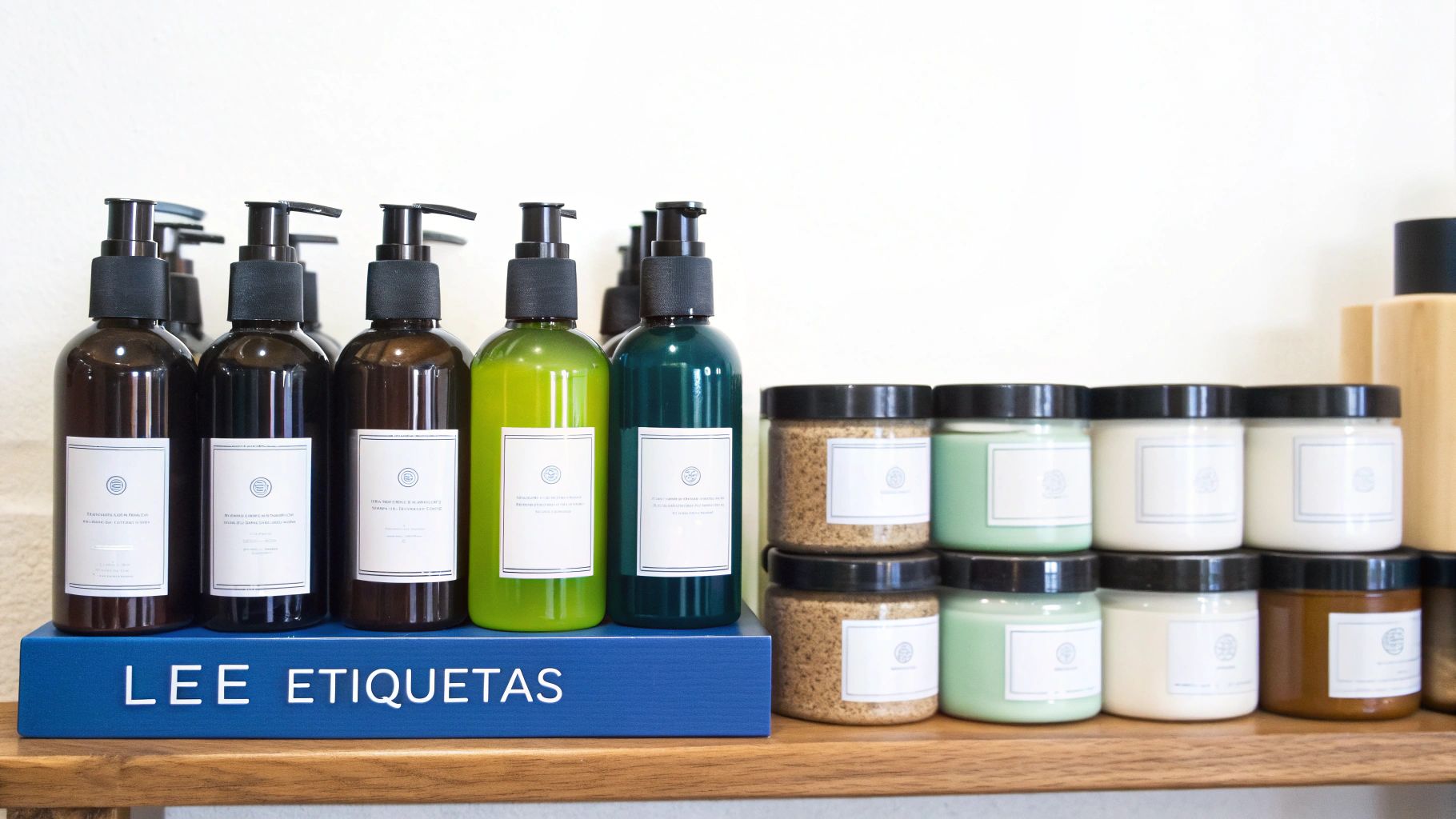 Una persona leyendo detenidamente la etiqueta de una botella de champú o acondicionador