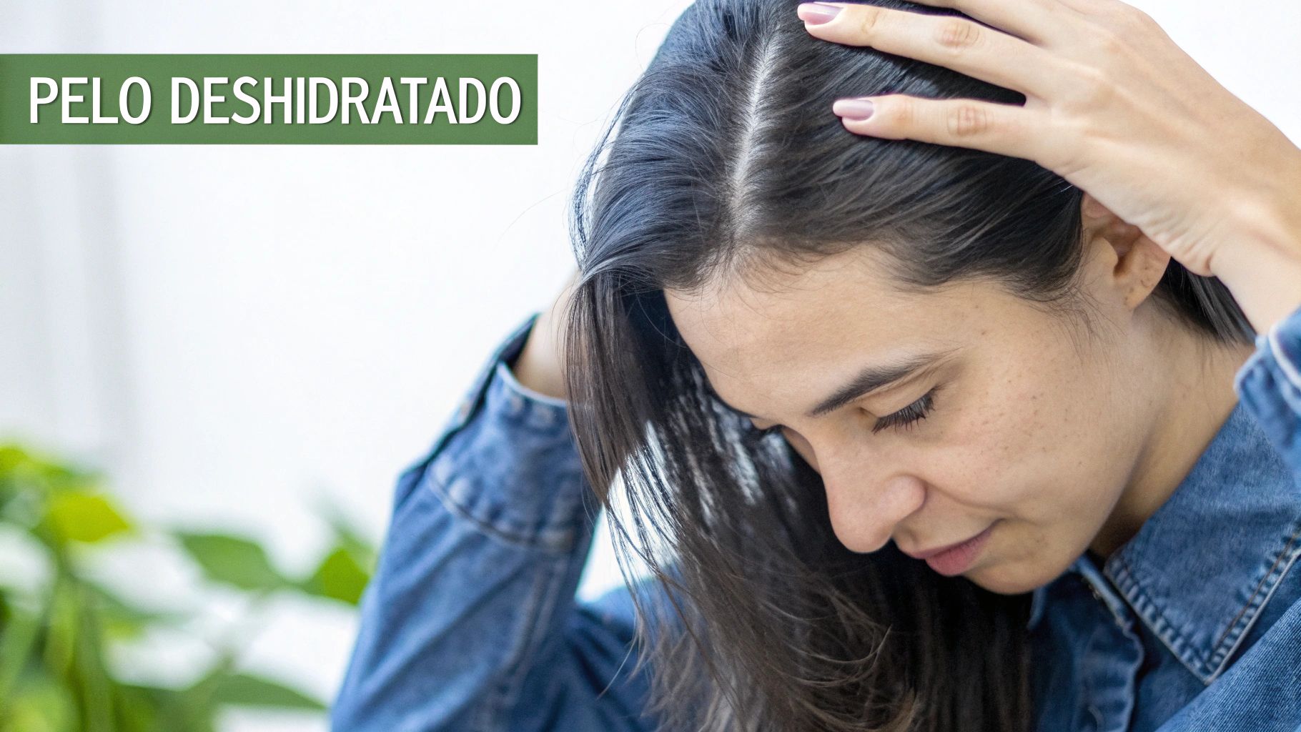 Mujer tocándose el pelo seco y dañado, con expresión de preocupación