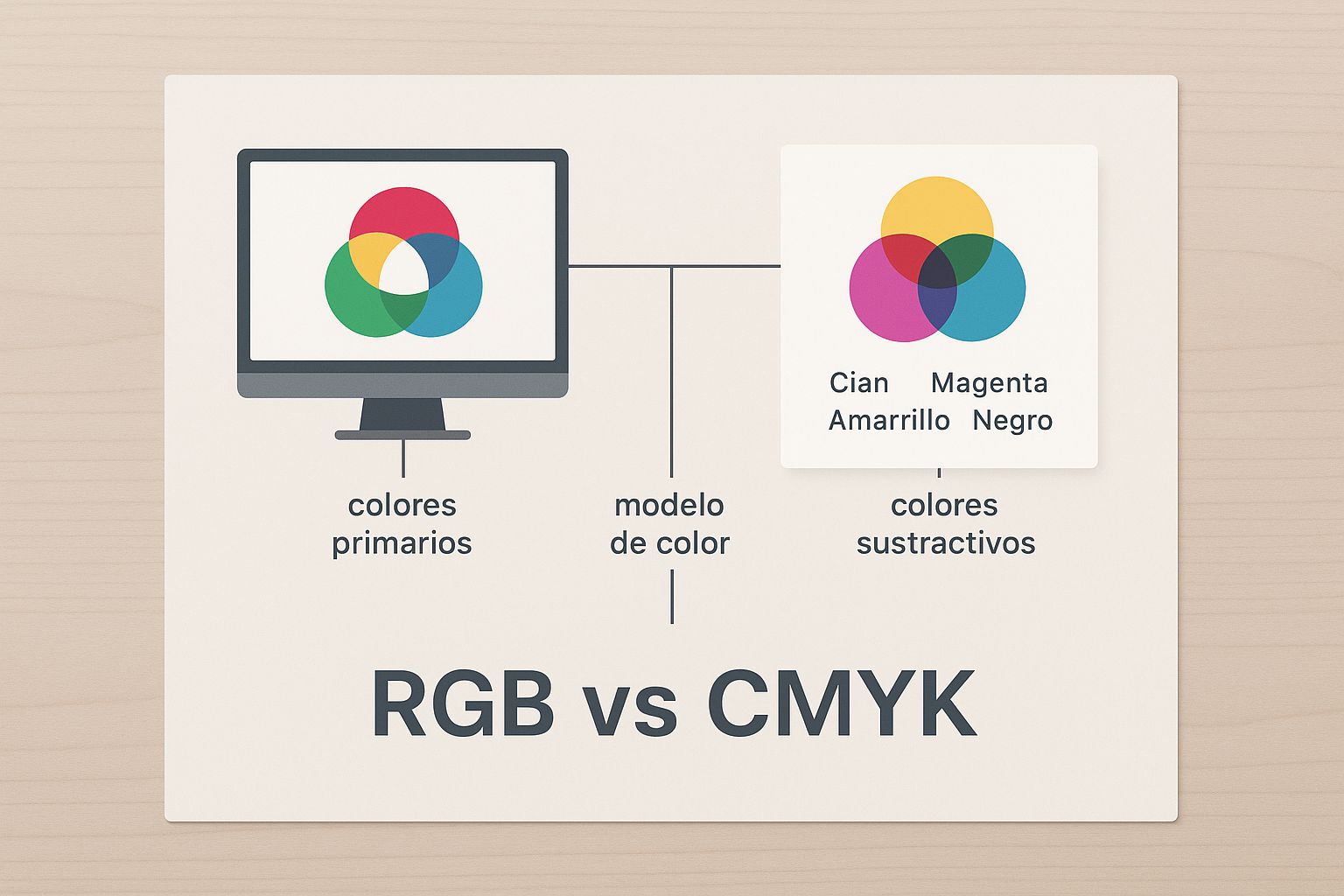 Infografía que compara un monitor (RGB) con una hoja impresa (CMYK) para ilustrar las diferencias entre los modelos de color.