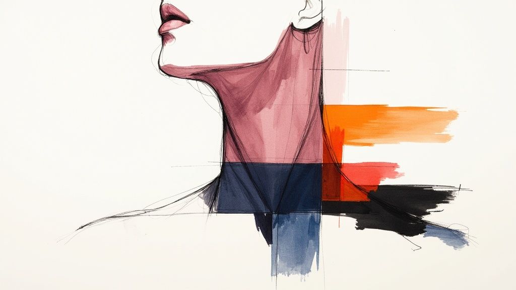 Woman draping different colored fabrics over her shoulder to see which one best complements her skin tone.