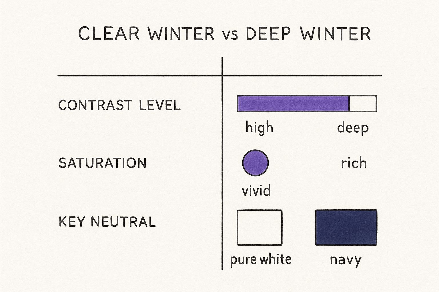 Infographic comparing Clear Winter and Deep Winter characteristics, showing high vs deep contrast, vivid vs rich saturation, and pure white vs navy as key neutrals.
