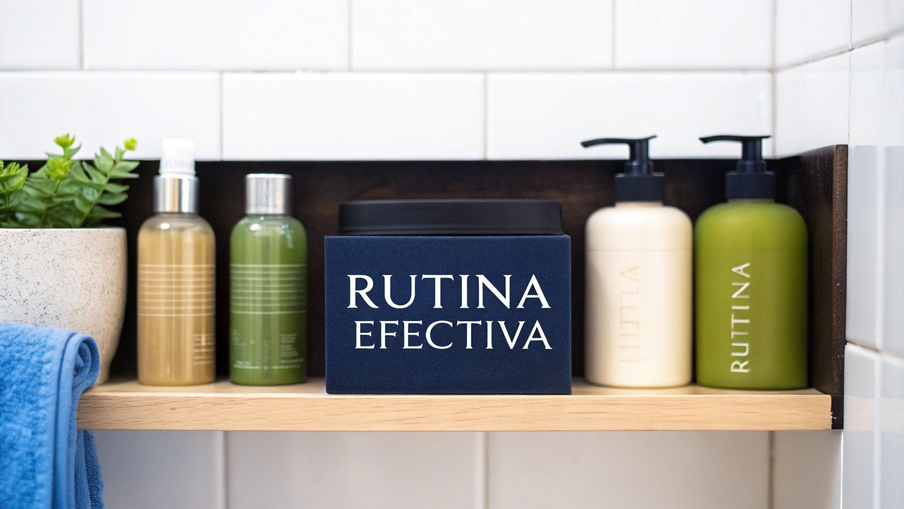 Mujer cuidando su cabello con productos en un baño