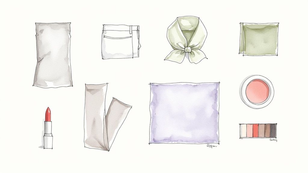 Woman applying lipstick while surrounded by a selection of Summer-friendly makeup and clothing in soft, cool tones.