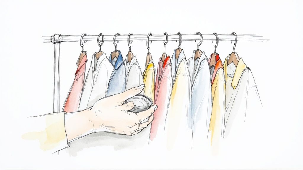 A person's hands holding clothing swatches in different colors over a neatly folded stack of sweaters.