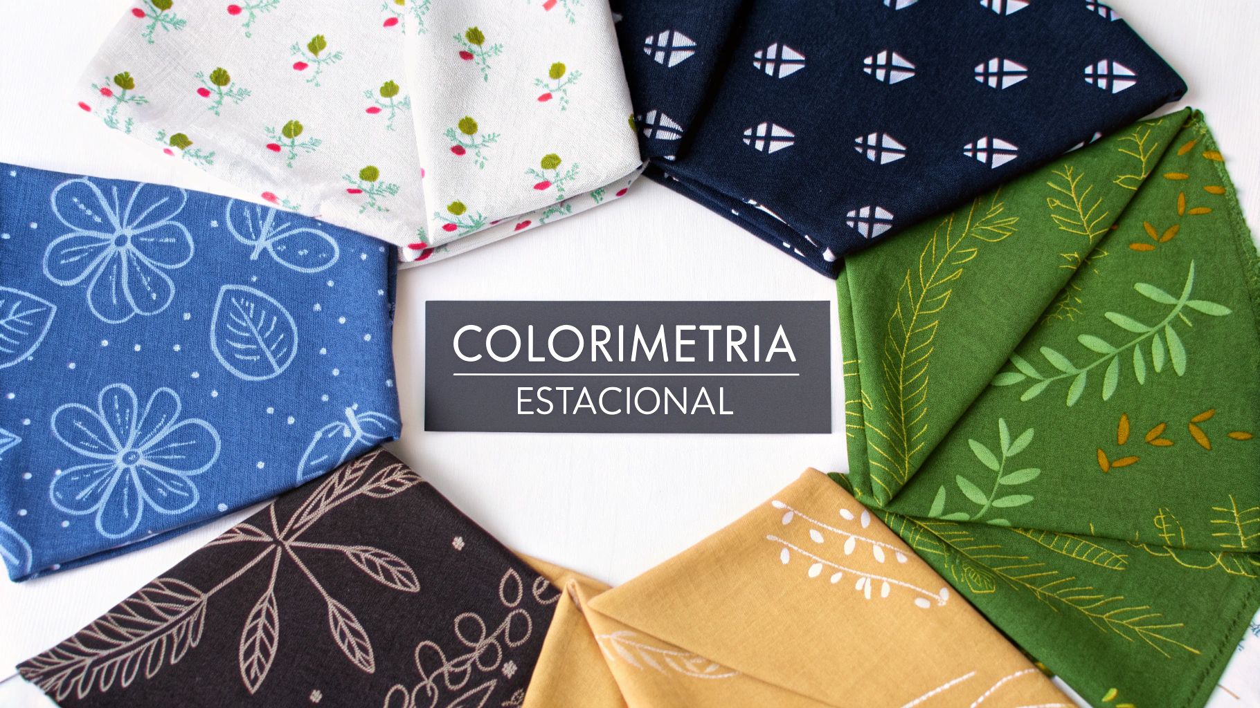 Paleta de colores estacional mostrada en telas de diferentes texturas.