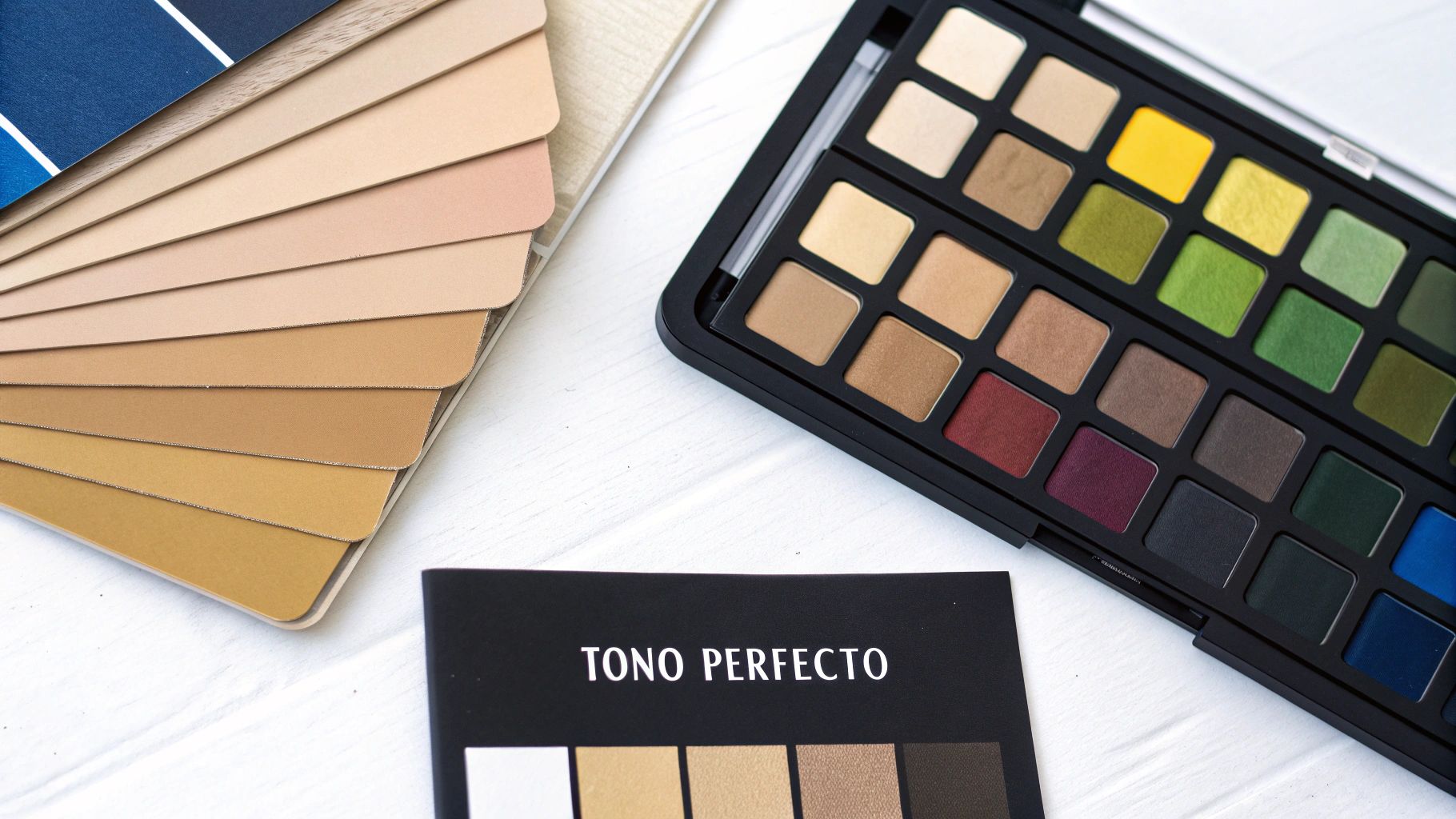 Una paleta de colores de cabello junto a una mujer sonriendo, mostrando cómo la colorimetría puede realzar la belleza natural.