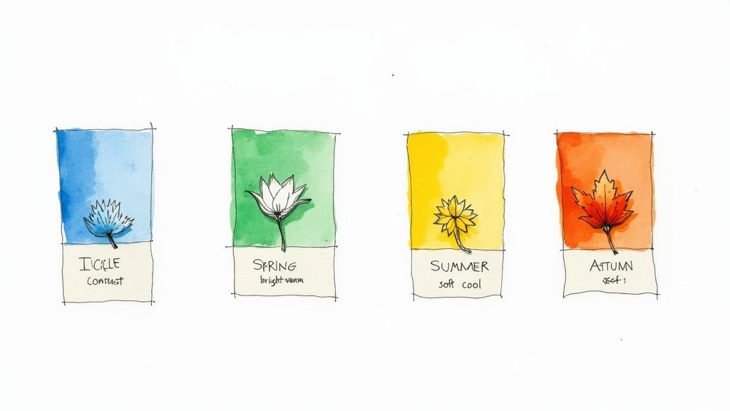 A woman holding up different seasonal color swatches to her face, trying to determine her best fit.