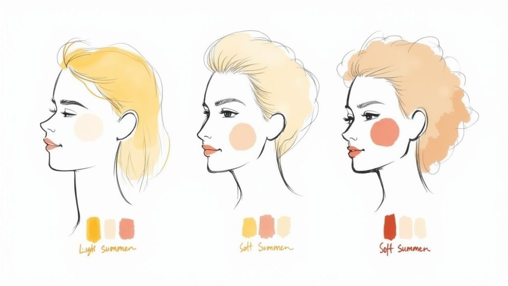 Woman with blonde hair and light blue eyes, representing a Summer color profile, standing in a field of flowers