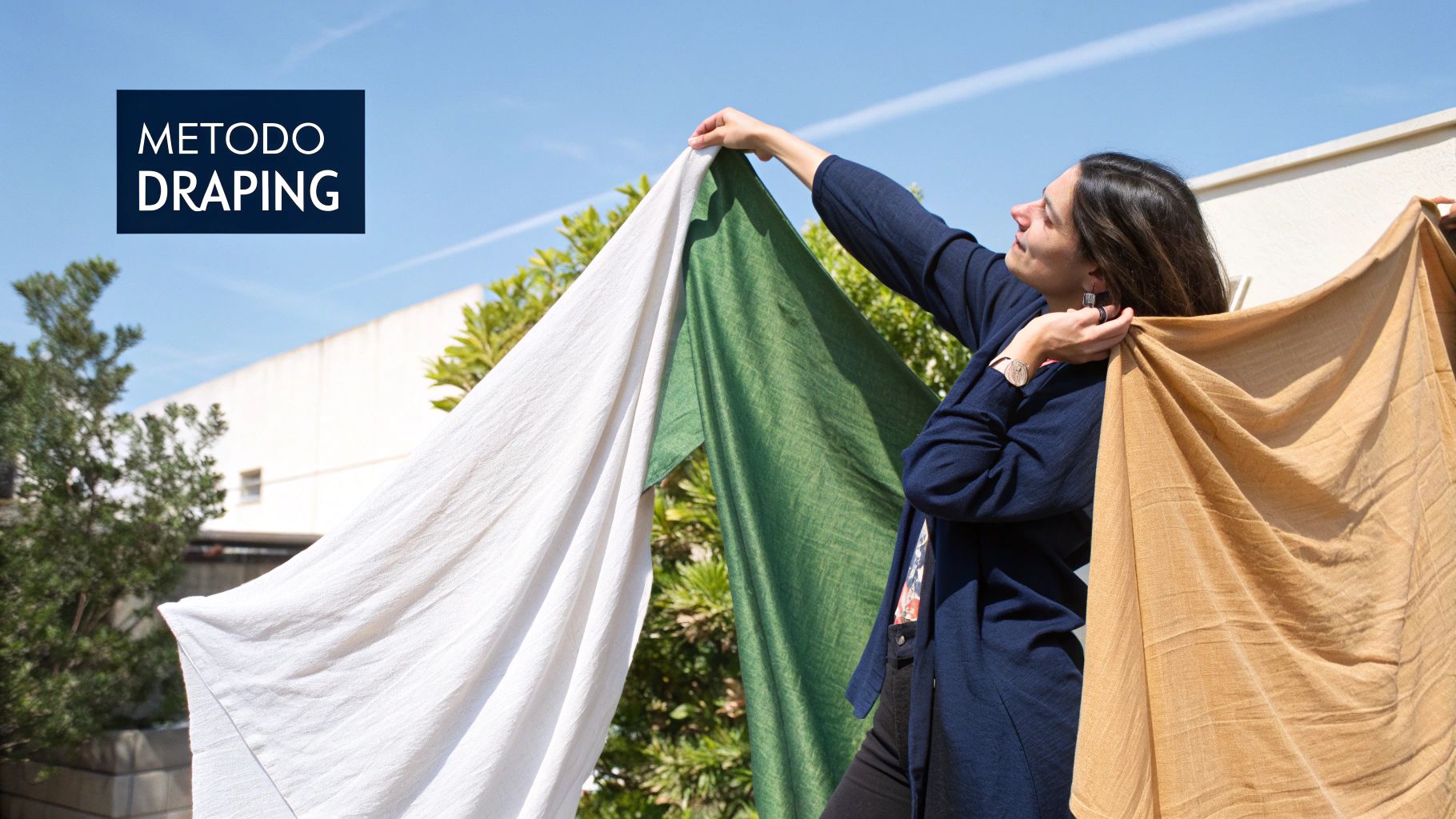 Mujer realizando la prueba del draping con telas de colores frente a un espejo