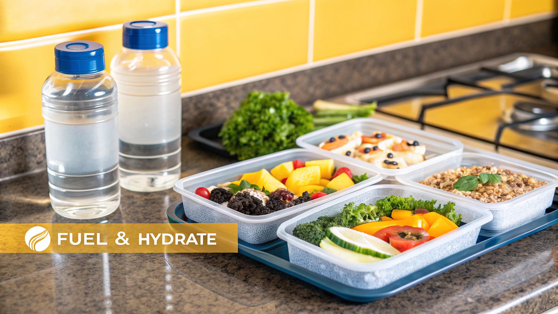 Athletes refuelling with sports drinks and healthy food.