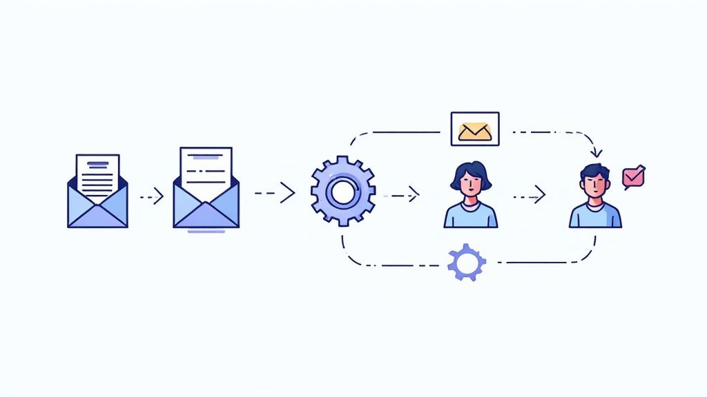 A visual representation of an automated email marketing workflow with interconnected nodes and icons.