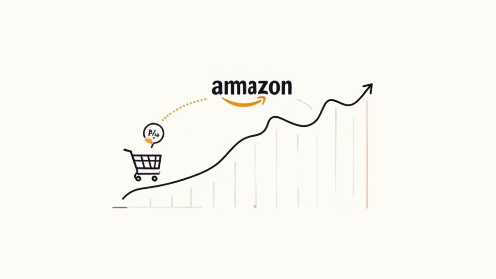 An image showing a hand holding a magnifying glass over a diagram with various marketing channel icons like Facebook, Google, and email, all pointing towards the Amazon logo, symbolizing the tracking of marketing efforts.