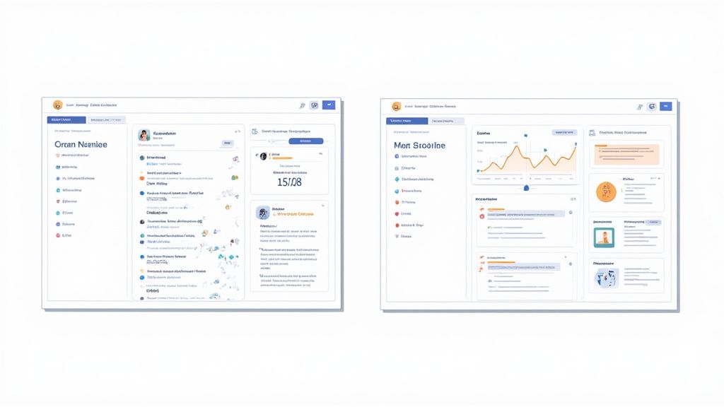 Two dashboard interfaces showing user profiles with analytics, activity feeds, and performance metrics for content creators
