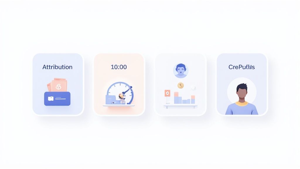 Four illustrated cards showing attribution tracking, time management, analytics dashboard, and user profile features