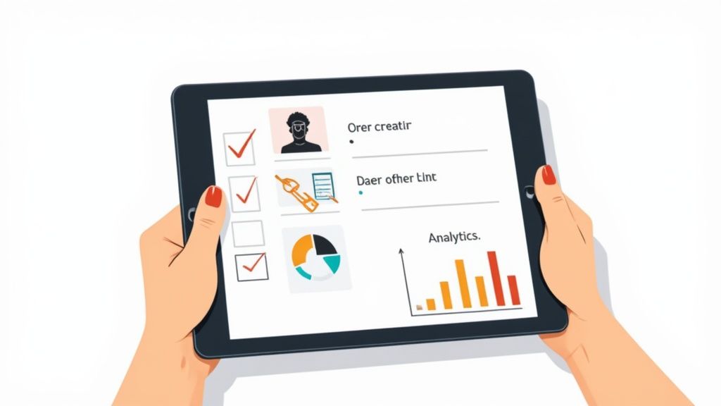 Woman reviewing influencer analytics on a laptop in a modern office