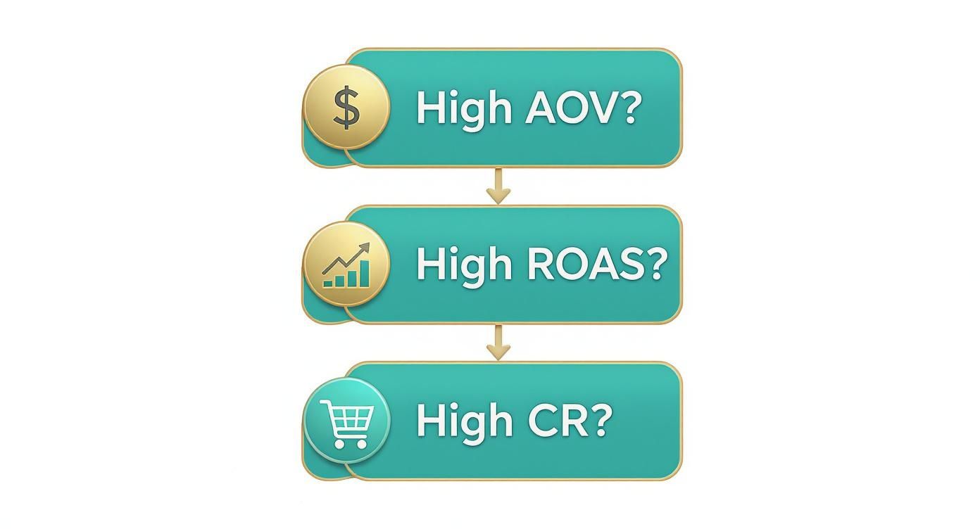 An infographic decision tree showing key metrics for tracking affiliate marketing success, including AOV, ROAS, and CR with corresponding icons.