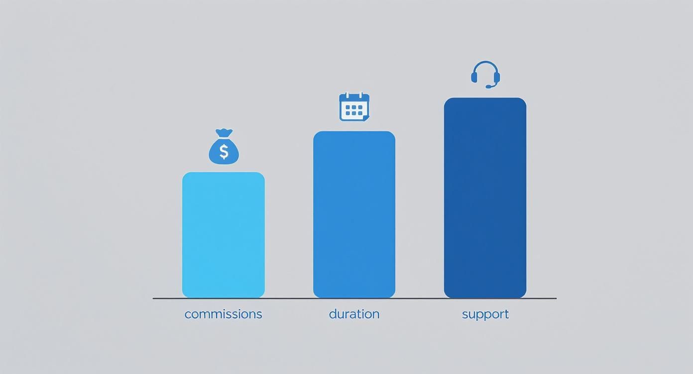 Infographic showing three vertical bars representing Commissions, Cookie Duration, and Partner Support as key factors for choosing software affiliate programs.