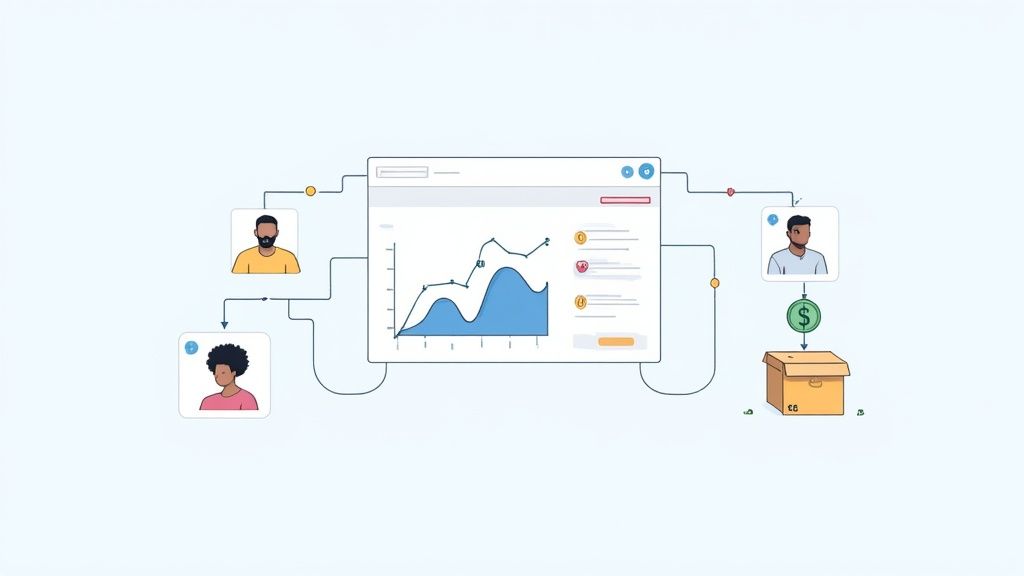 A person looking at a phone screen with the Pinterest app open, showing various product pins, with a question mark graphic overlaid.