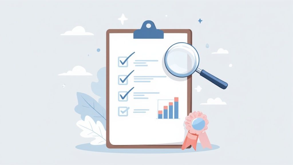 A team collaborating around a table with laptops and charts, evaluating potential affiliate marketing firms.