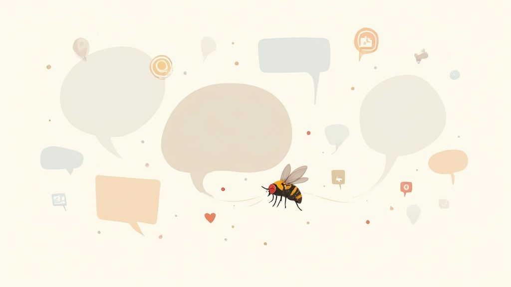 A vibrant illustration of a bee interacting with numerous speech bubbles and social media icons on a light background.
