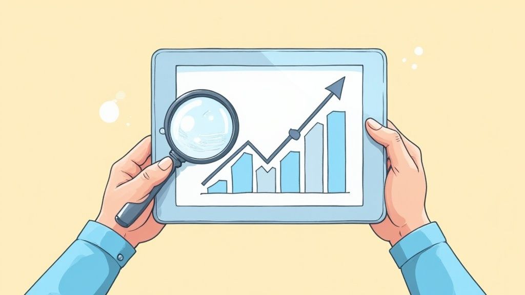 A person analyzing a digital dashboard on a tablet, with charts and graphs indicating affiliate marketing performance and ROI.