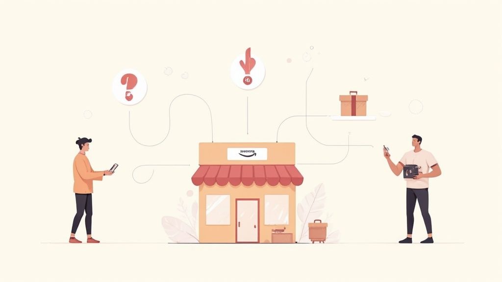 Two people shopping online at Amazon marketplace storefront with packages and mobile devices