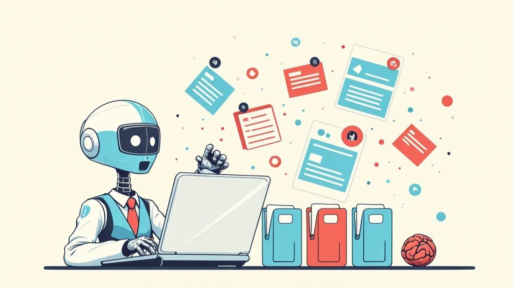 An AI robot in a suit works on a laptop, managing digital documents and data.