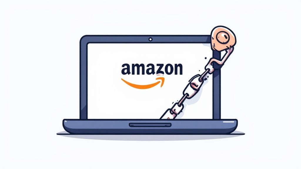 An Amazon box next to a laptop displaying affiliate analytics charts