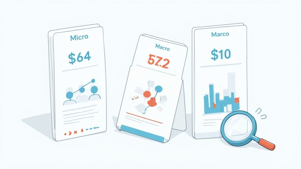 Three cards representing Micro, Macro, and Marco data with charts and a magnifying glass for analysis.