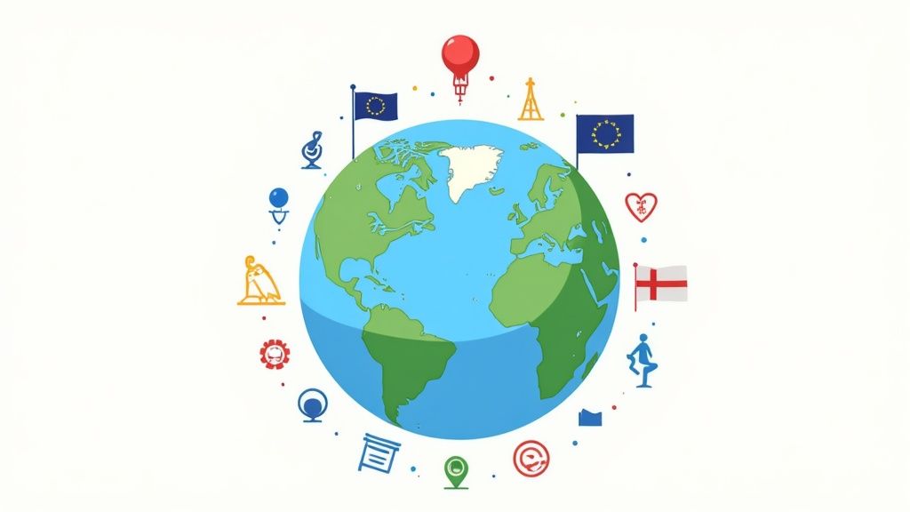 A world map with trademark symbols over different countries