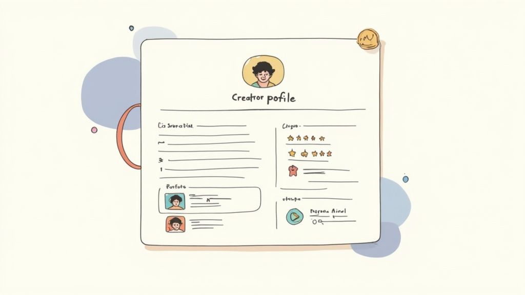 Illustrated creator profile interface showing collaboration stats, ratings, badges, and recent uploads dashboard