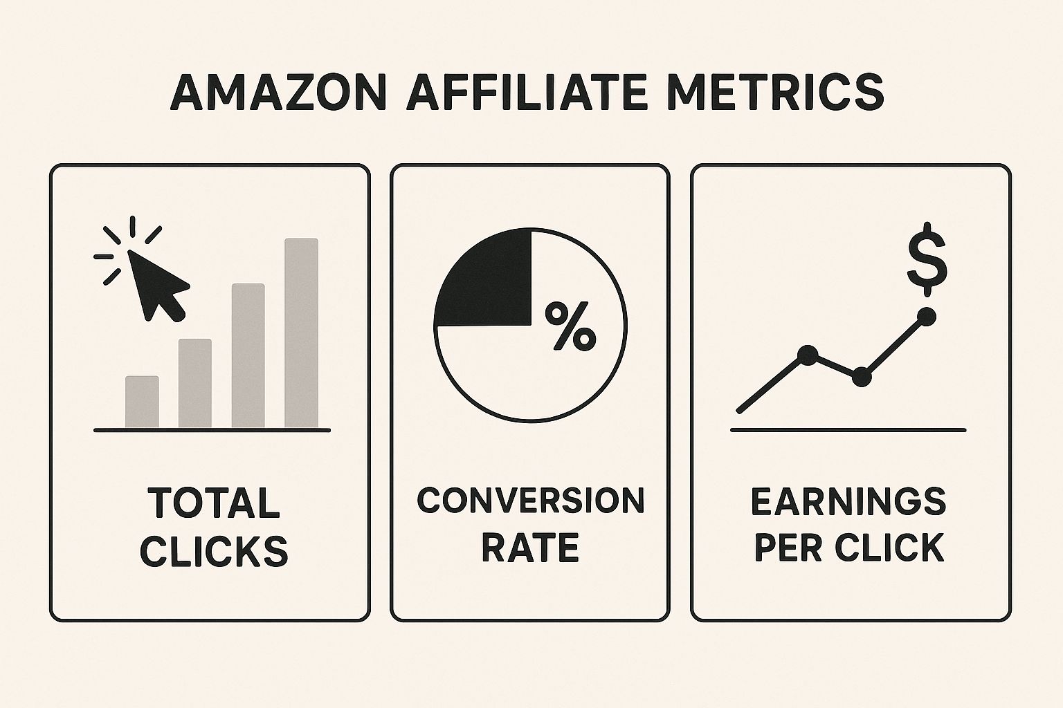Infographic comparing total clicks, conversion rate, and earnings per click for an Amazon affiliate dashboard