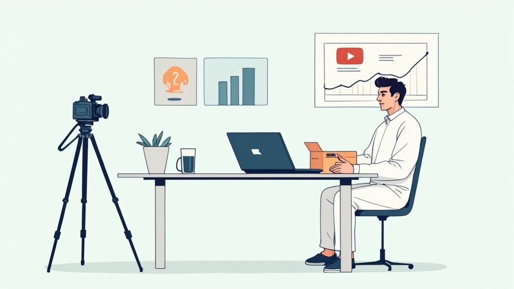 A person holding a smartphone with the YouTube logo on the screen, surrounded by social media icons.