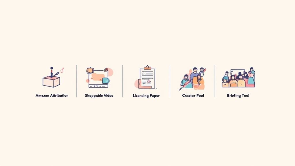 Five illustrated icons showing Amazon Attribution, Shoppable Video, Licensing Paper, Creator Pool, and Briefing Tool features