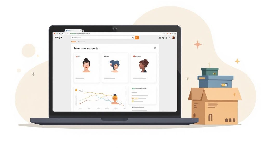 Laptop displaying Amazon seller dashboard with analytics graphs and user profile selection interface