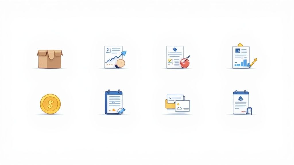 Collection of business and productivity icons including package, analytics, documents, calendar, and coin symbols