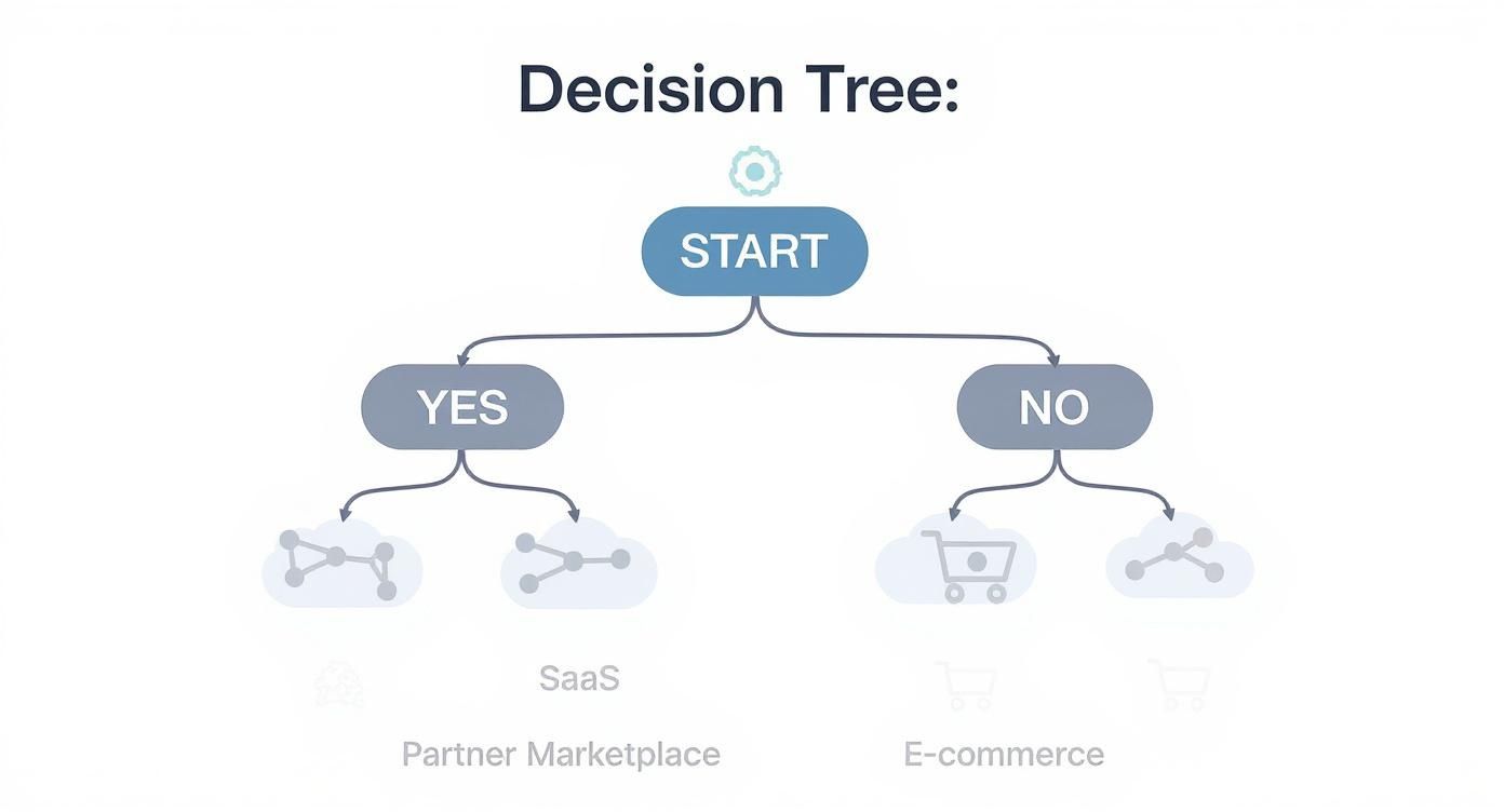 Infographic decision tree for choosing an affiliate marketing tool based on business needs like having a partner marketplace or being a SaaS vs. E-commerce company.