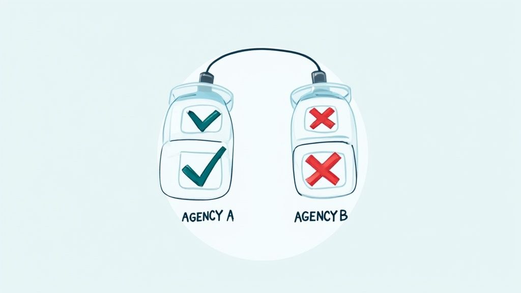 A person holding a magnifying glass over a chart showing upward-trending financial growth, illustrating a focus on Return on Investment.