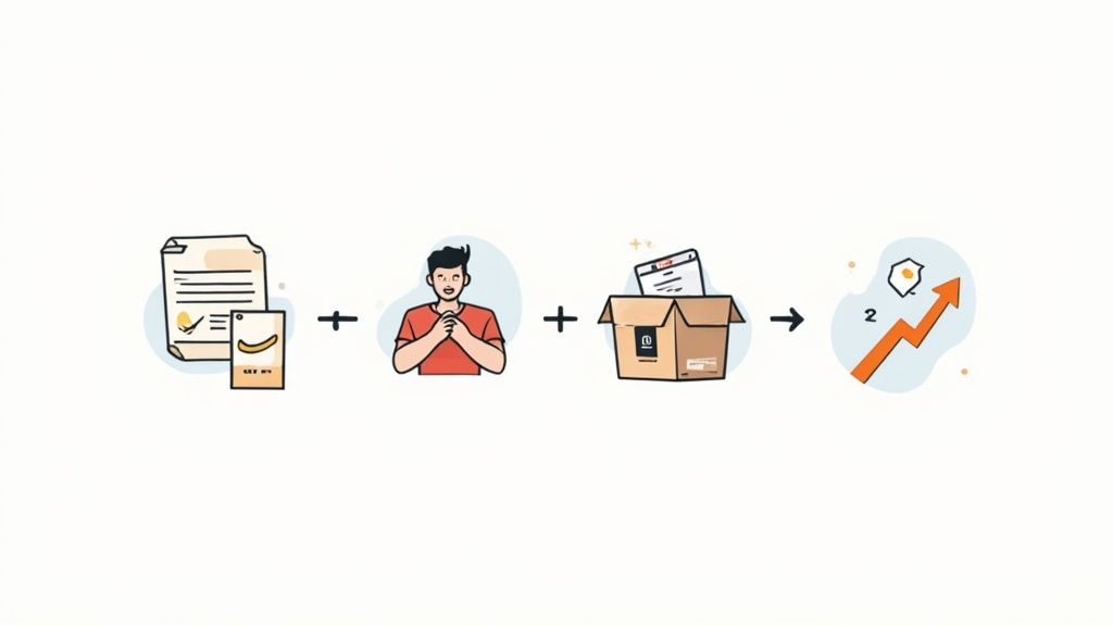 Illustration of documents, a token, a happy person, and digital content leading to business growth.