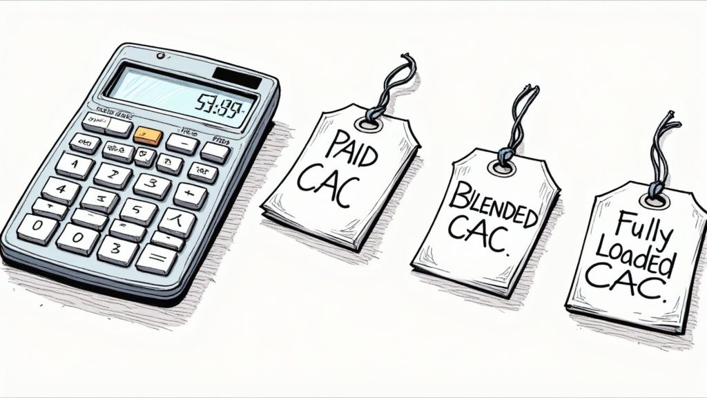 A close-up of a calculator and a pen on top of a financial report, symbolizing the different formulas for customer acquisition cost calculation.