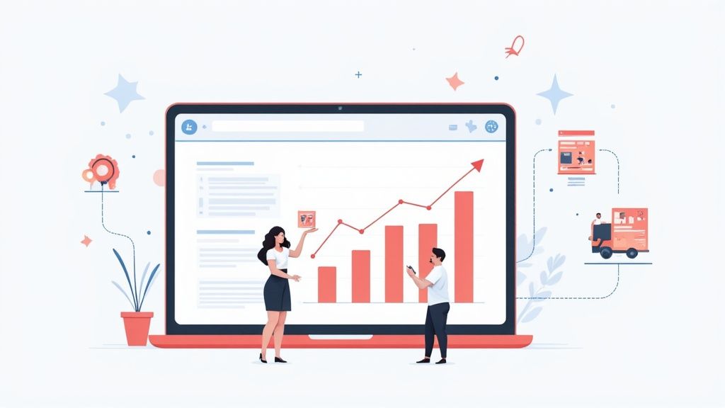 Two professionals analyzing upward trending bar chart and growth metrics on laptop screen illustration