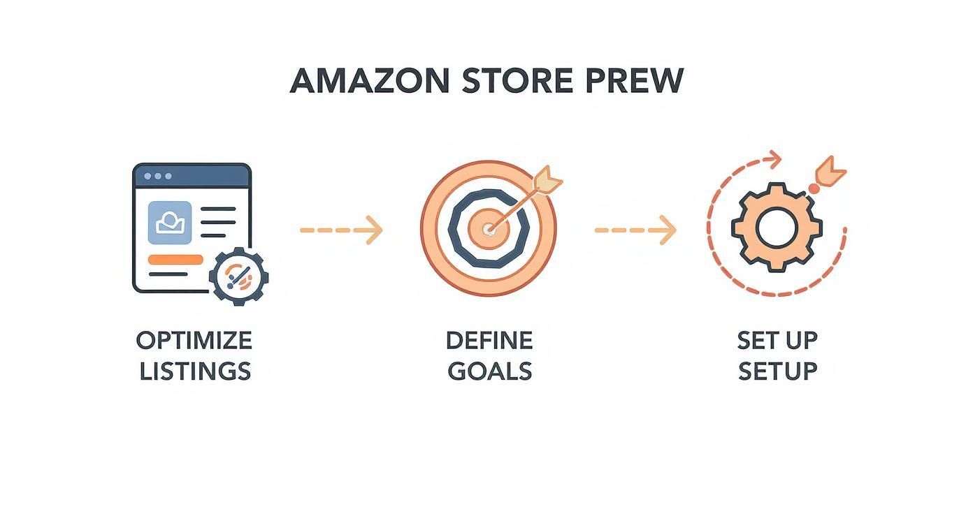 Infographic showing the process flow for Amazon store preparation with three steps: Optimize Listings, Define Goals, and Set Up.
