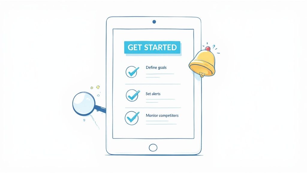 Digital tablet showing 'Get Started' steps for defining goals, setting alerts, and monitoring competitors, with icons.